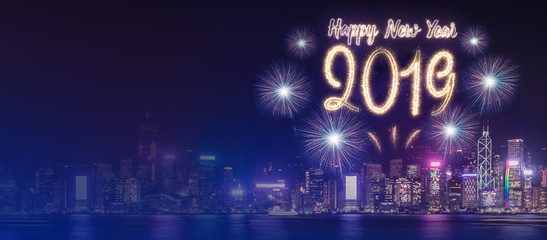 Happy new year 2019 firework over cityscape building near sea at night time celebration,mock up Banner for advertise on social media.
