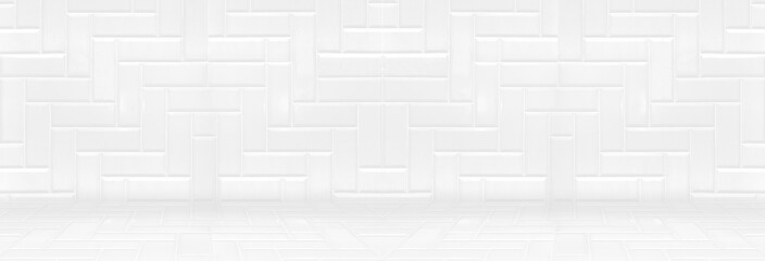 Empty white clean ceramic tile wall and floor background,Minimal simple style interior...