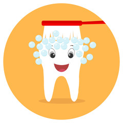 The toothbrush cleans the tooth. An animated tooth of a man with a mouth and eyes.