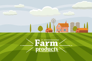 Rural cute landscape with farm. Cartoon style, vector, isolated © hadeev