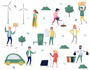 Eco friendly people set, man and woman protecting the environment, sorting and collecting waste, using alternative energy and ecological transport vector Illustrations on a white background