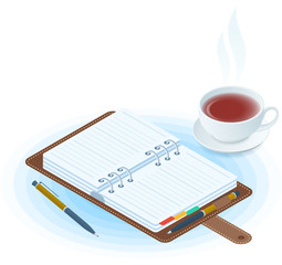 Flat vector isometric illustration of opened agenda, pen, cup of tea. Office and business breakfast workplace concept: paper planner and hot mug. School and education workspace supplies.