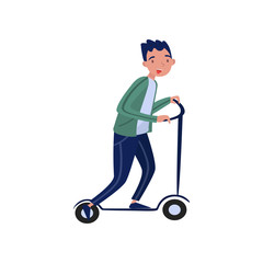 Man riding kick scooter, eco friendly alternative transportation vehicle vector Illustration on a white background