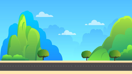 Fototapeta premium Nature landscape with mountains and sky background vector illustration.Spring landscape background.Beautiful landscape with street.