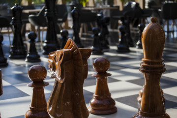 Large wooden chess set apart before the start of the game