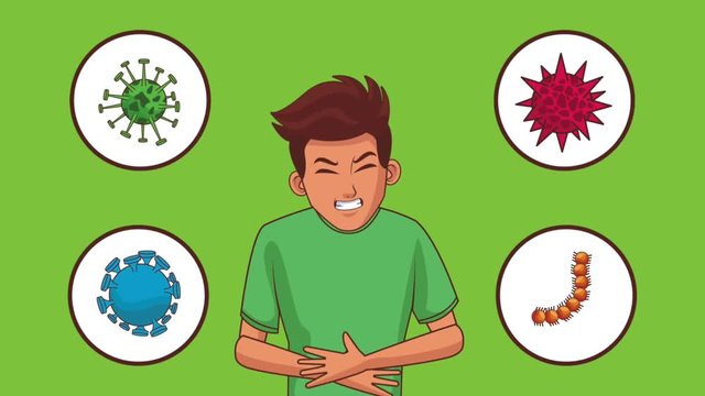 Young man with stomach ache cartoons high definition animation colorful scenes