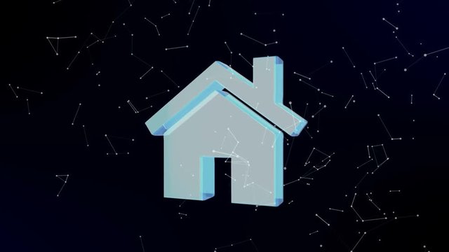 House being formed by revolving particles. Futuristic structure of plexus lines and points, dark blue abstract background