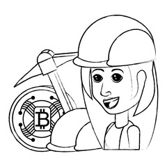 cryptocurrency concept design with bitcoin coin and pickaxe with cartoon woman over white background, vector illustration