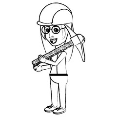 cartoon woman holding a pickaxe and wearing a industrial helmet over white background, vector illustration