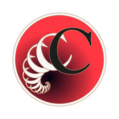 letter C circular label with fractal spiral tail pattern in red