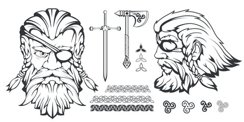 Scandinavian supreme god of Norse mythology - Odin. Hand drawing of Odin Head. Cartoon bearded man character. God Odin, Wotan tattoo. Traditional norse ornament. Vector graphics to design