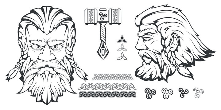 Scandinavian god of thunder and storm. Hand drawing of Thor's Head. The hammer of Thor - mjolnir. Son of Odin. Cartoon bearded man character. Norse mythology. Vector graphics to design