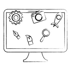 computer with creative related icons over white background, vector illustration