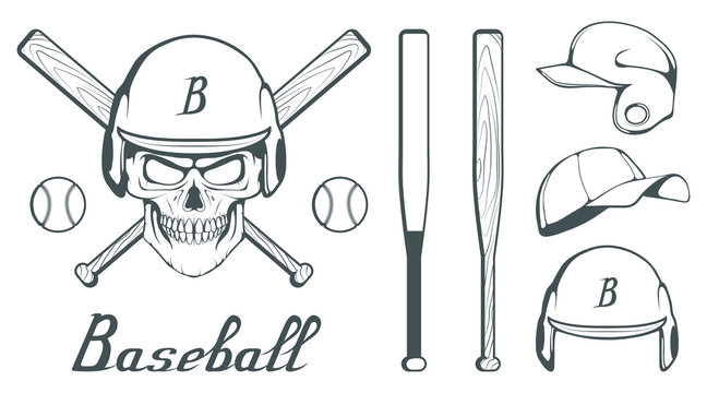 Set of baseball player design elements. Hand drawn Baseball ball. Cartoon baseball helmet. Hand drawn Man Head. Baseball bat. Vector graphics to design
