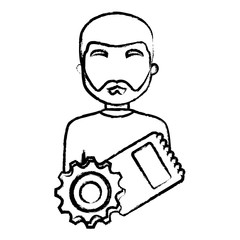 avatar man with gear and notepad over white background, vector illustration