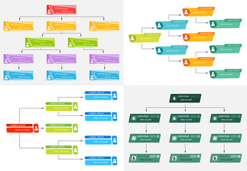 Set of four colorful business structure concept, corporate organization chart scheme with people icons. Vector illustration.
