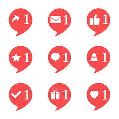 Set of nine notifications in social media. Heart, star, follower, message, check, gift, comment, like, repost. Vector illustration.

