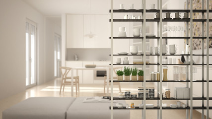 Kitchen living room shelving system foreground close-up, interior design concept, white modern room open plan in the background