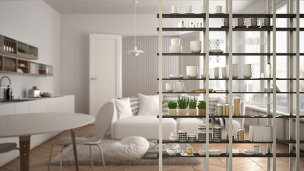 Fototapeta na wymiar Kitchen living room shelving system foreground close-up, interior design concept, white modern room open plan in the background