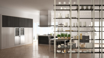 Kitchen living room shelving system foreground close-up, interior design concept, white modern room open plan in the background