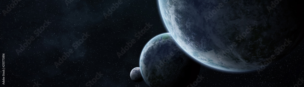 Poster Panoramic view of planets in distant solar system 3D rendering elements of this image furnished by NASA