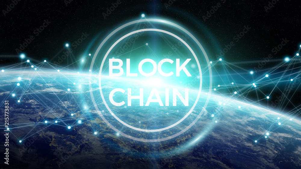 Poster Blockchain on planet Earth 3D rendering