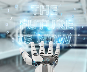 White cyborg hand using future decision text interface 3D rendering