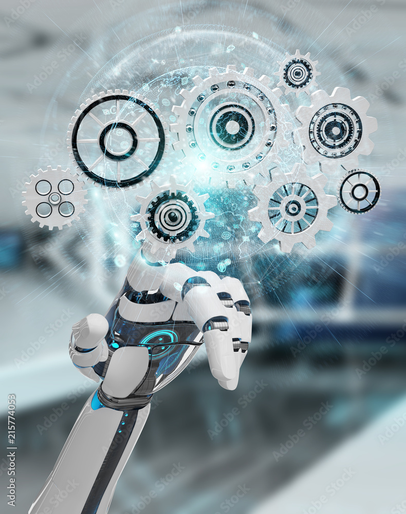 Leinwandbilder White humanoid robot hand using digital gears 3D rendering