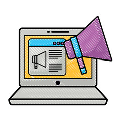 laptop computer with megaphone icon over white background, vector illustration