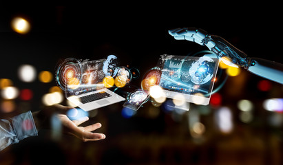 White cyborg hand connecting devices together 3D rendering