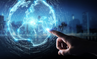 Businessman using globe network hologram with Europe map 3D rendering