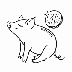 Piggy bank Template for greeting card. Black and white linear vector illustration. The pig is a symbol of the New Year of 2019.