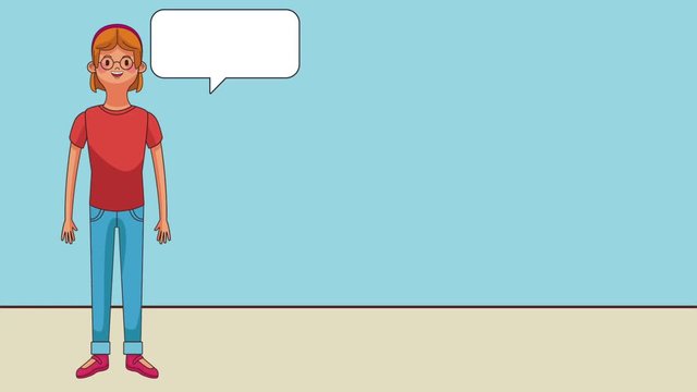 Young woman talking with blank bubble speech high definition animation colorful scenes