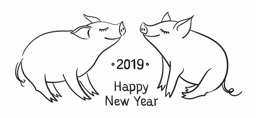Template for greeting card. Black and white linear vector illustration. The pig is a symbol of the New Year of 2019.
