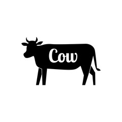Cow butcher black silhouette with text. Vector cartoon illustration