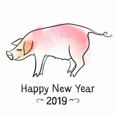 Template for greeting card. Black and white linear vector illustration. The pig is a symbol of the New Year of 2019.