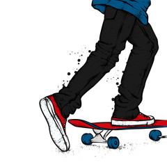 Fototapeta na wymiar Stylish skater in jeans and sneakers. Skateboard. Vector illustration for a postcard or a poster, print for clothes. Street cultures.