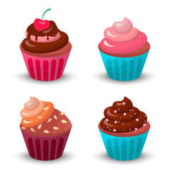 Sweet food chocolate creamy cupcake set isolated vector illustration