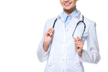 cropped view of female doctor in white coat with stethoscope, isolated on white