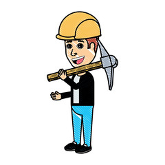 cartoon man holding a pickaxe and wearing a industrial helmet over white background, vector illustration