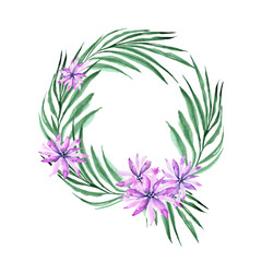 Wreath from tropical leaves and exotic flowers. Isolated on white background. Watercolor illustration.