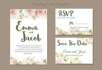 Vintage style Wedding Invitation pink rose watercolor hand drawn. save the date card design.vector template set.invite card design.Greeting wedding invitation.Pink rose watercolour style frame print - 215775658