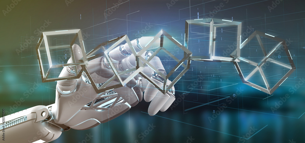 Poster cyborg hand holding a blockchain cube 3d rendering