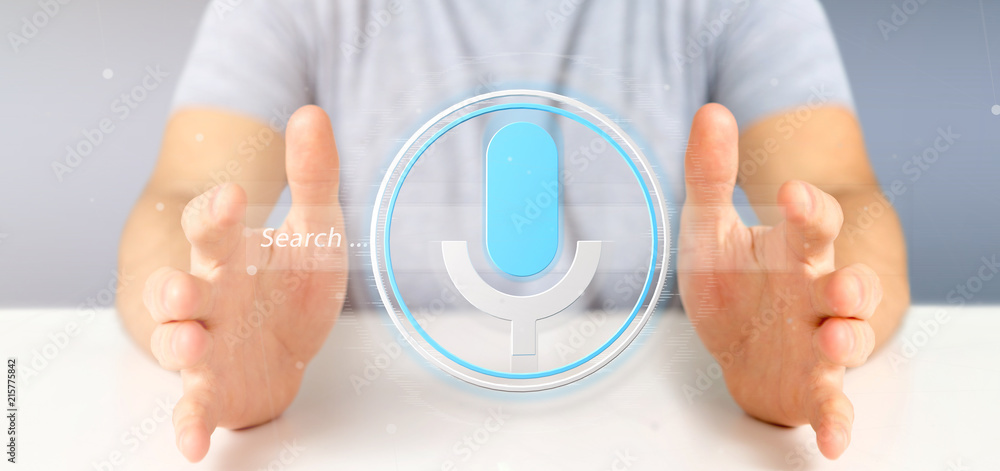 Poster businessman holding a vocal search system with button and icon3d rendering