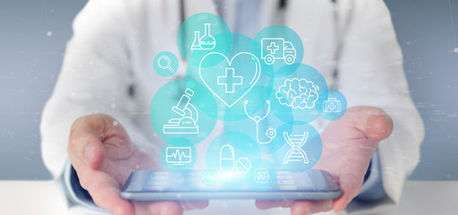 Businessman holding Medical icon and connection 3d rendering