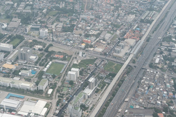 top view of bangkok city, Thailand from airplane in cloudy day