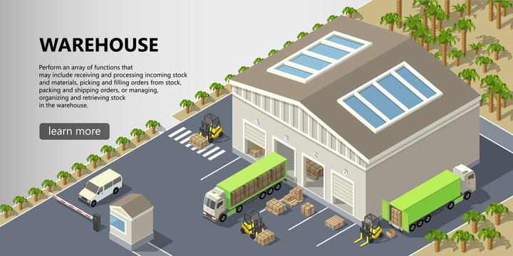 Vector isometric warehouse, delivery service illustration. Storage building with trucks ready for shipping, forklifts with cargo. Web page with button and space for text, logistics concept banner