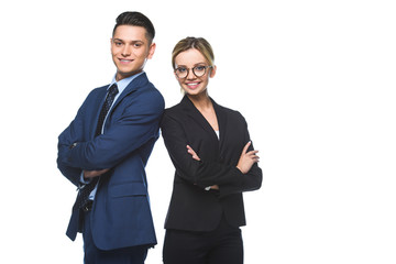 smiling successful business partners with crossed arms looking at camera isolated on white