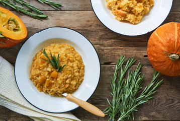 Risotto with pumpkin and rosemary in a bowl
