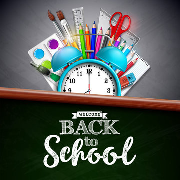 Back to school design with colorful pencil, brush and other school items on yellow background. Vector illustration with alarm clock, chalkboard and typography lettering for greeting card, banner